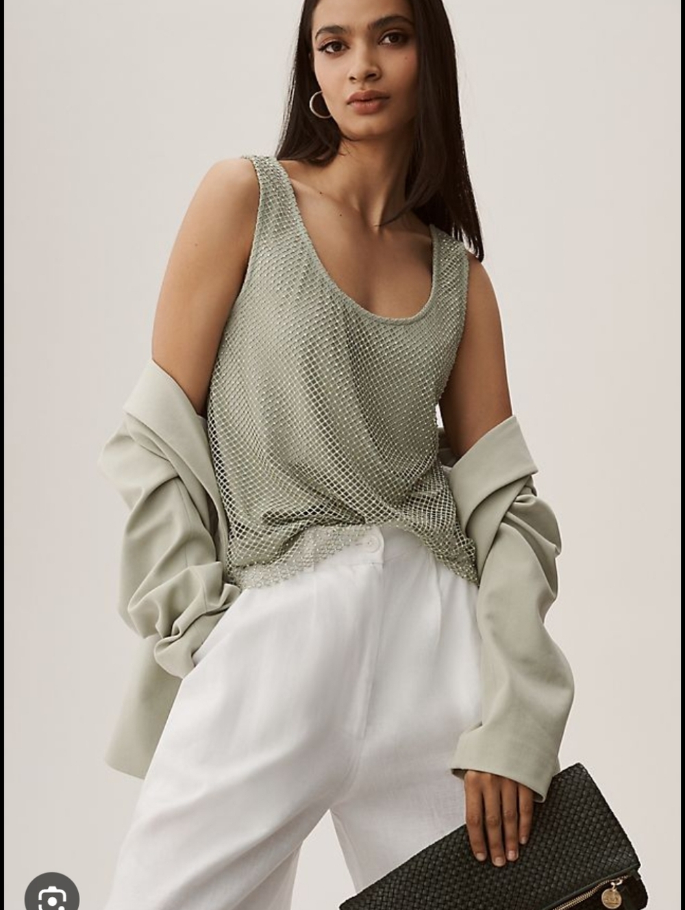 549-Sunday In Brooklyn Sage Green Metallic Open-Knit Tank